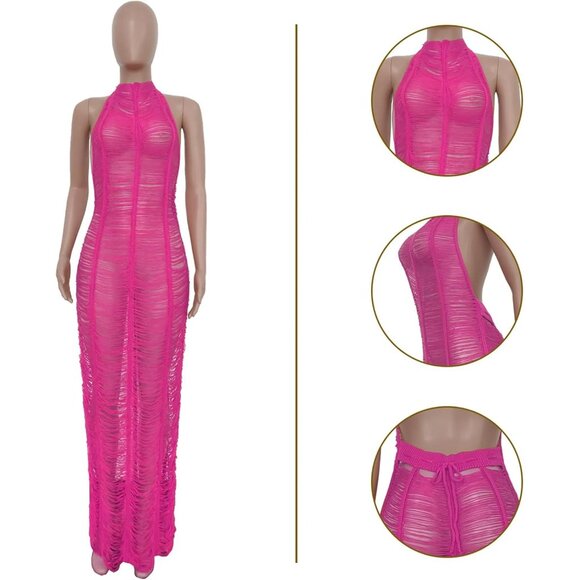 Women Crochet Cover Up Dress Long Maxi Beach Bikini See Through Casual - Picture 4 of 5